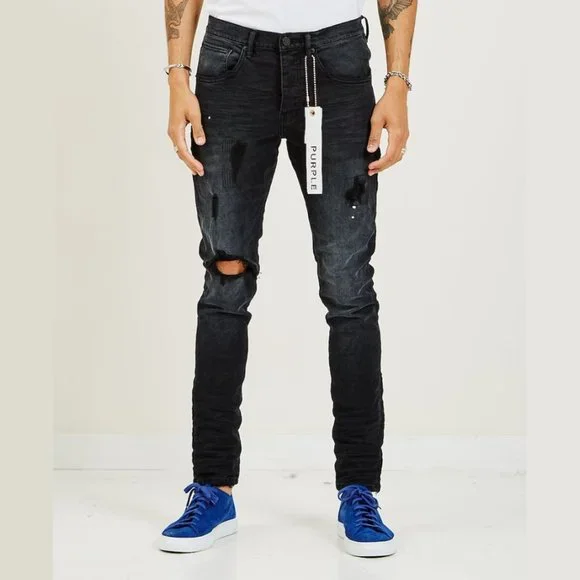 PURPLE BRAND Black Repair Dropped Fit Jeans スリム ロゴ P002 Black Repair – PURPLE BRAND